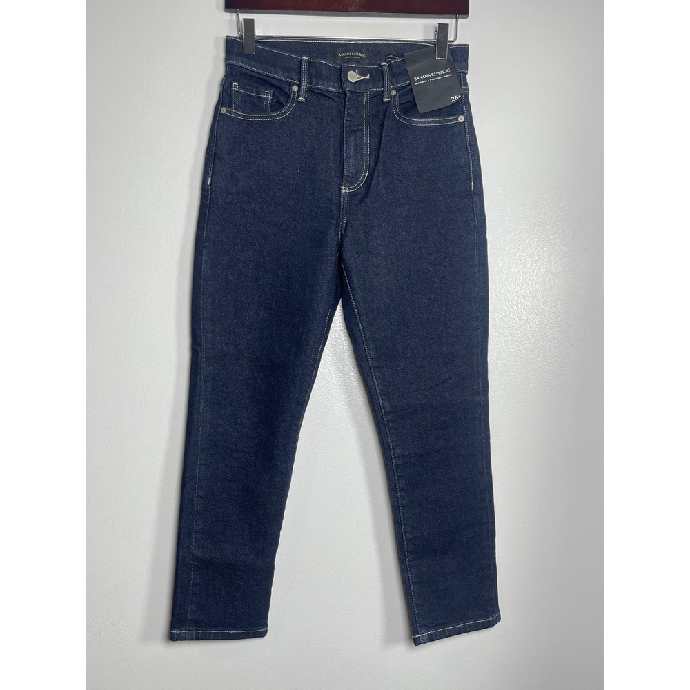 BANANA REPUBLIC High Rise Straight Ankle Denim Jeans 26S Short Dark Blue NEW
